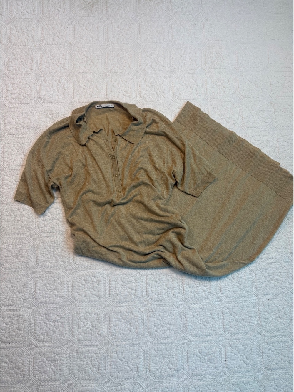 Zara Beige Knit Polo Shirt Dress with Button Front, Size Large